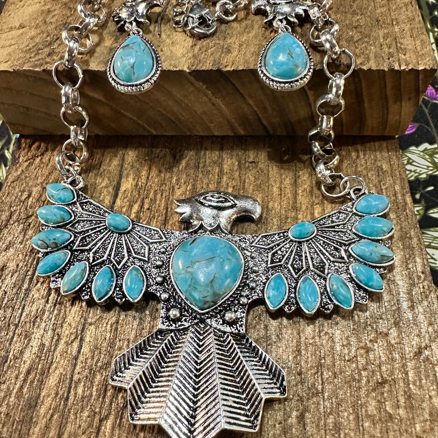 Thunderbird Faux Turquoise Necklace and Earrings Set in Mixed Metals