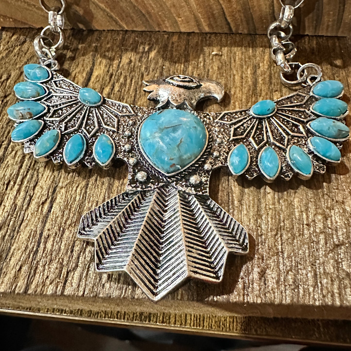 Thunderbird Faux Turquoise Necklace and Earrings Set in Mixed Metals