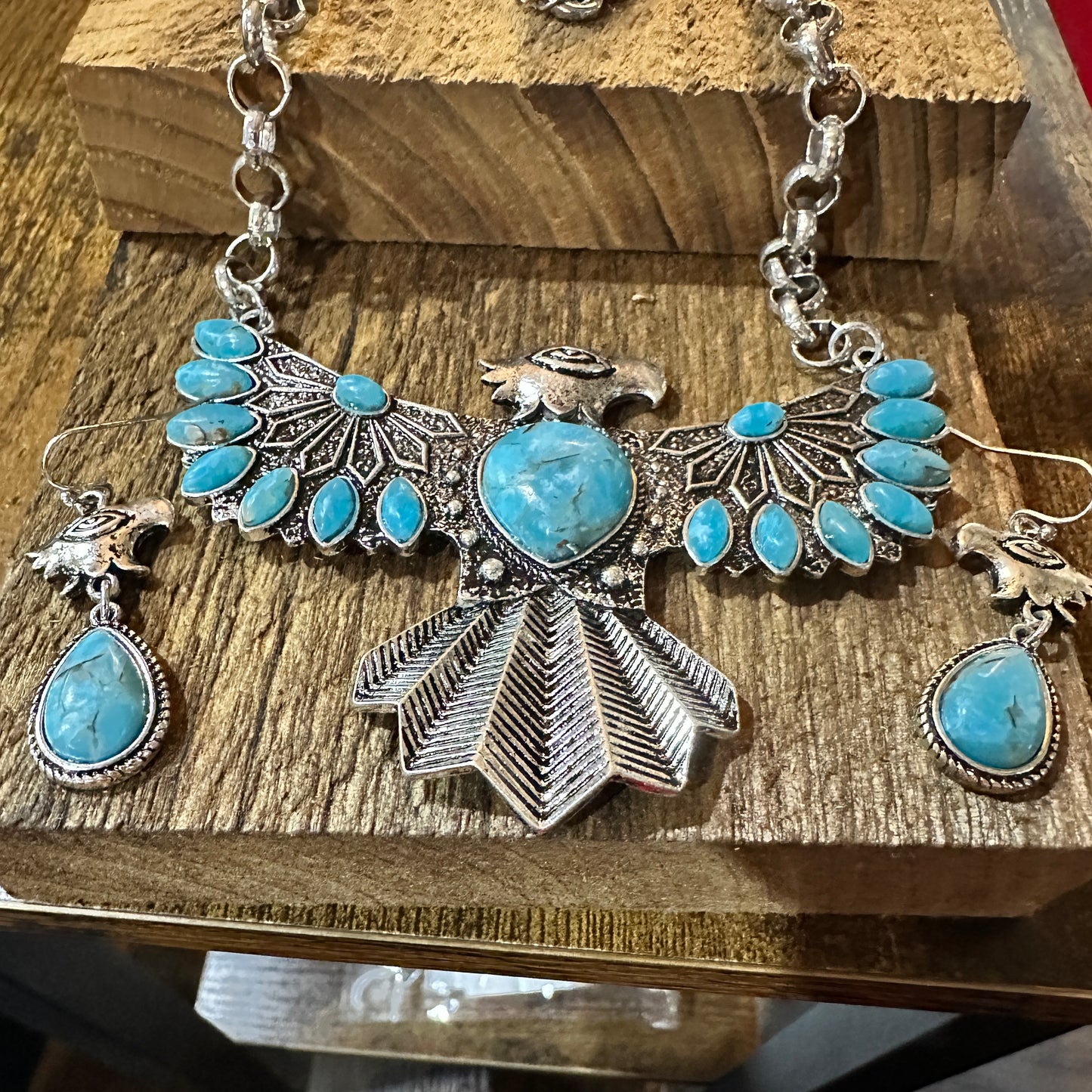 Thunderbird Faux Turquoise Necklace and Earrings Set in Mixed Metals