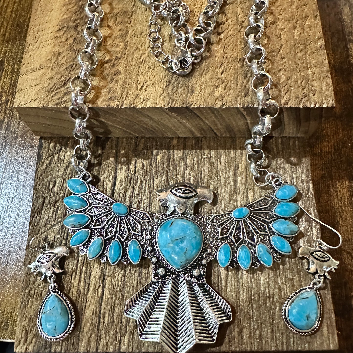 Thunderbird Faux Turquoise Necklace and Earrings Set in Mixed Metals