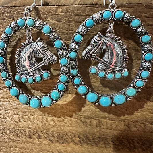 Boho Vibrant Turquoise Horse Estuarian  Charm Statement Earrings , Gift Box