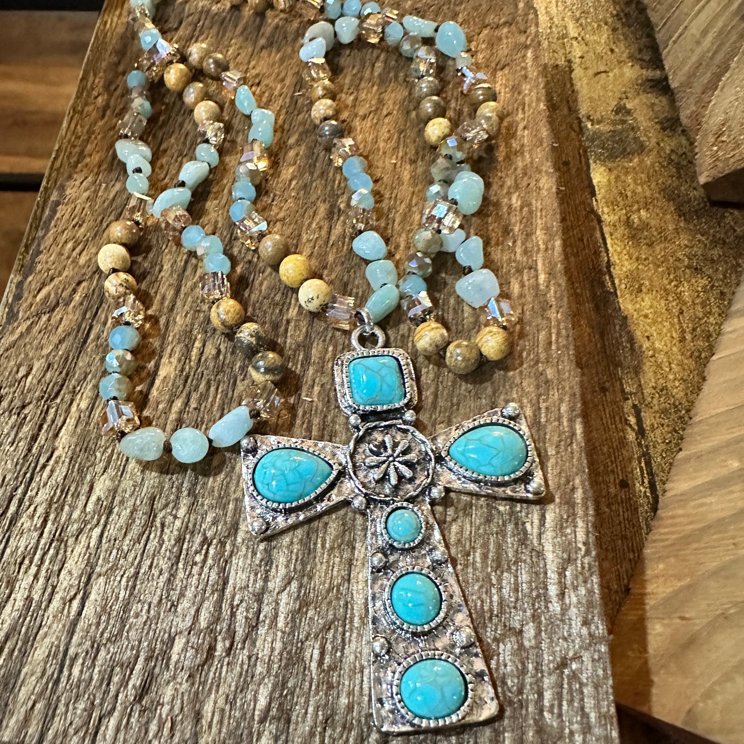 Beaded Turquoise Cross Necklace With Mixed Metals 32 Inch Long