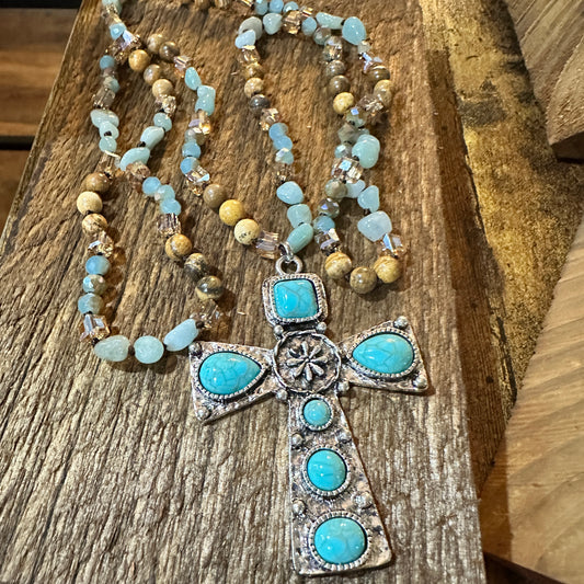 Beaded Turquoise Cross Necklace With Mixed Metals 32 Inch Long