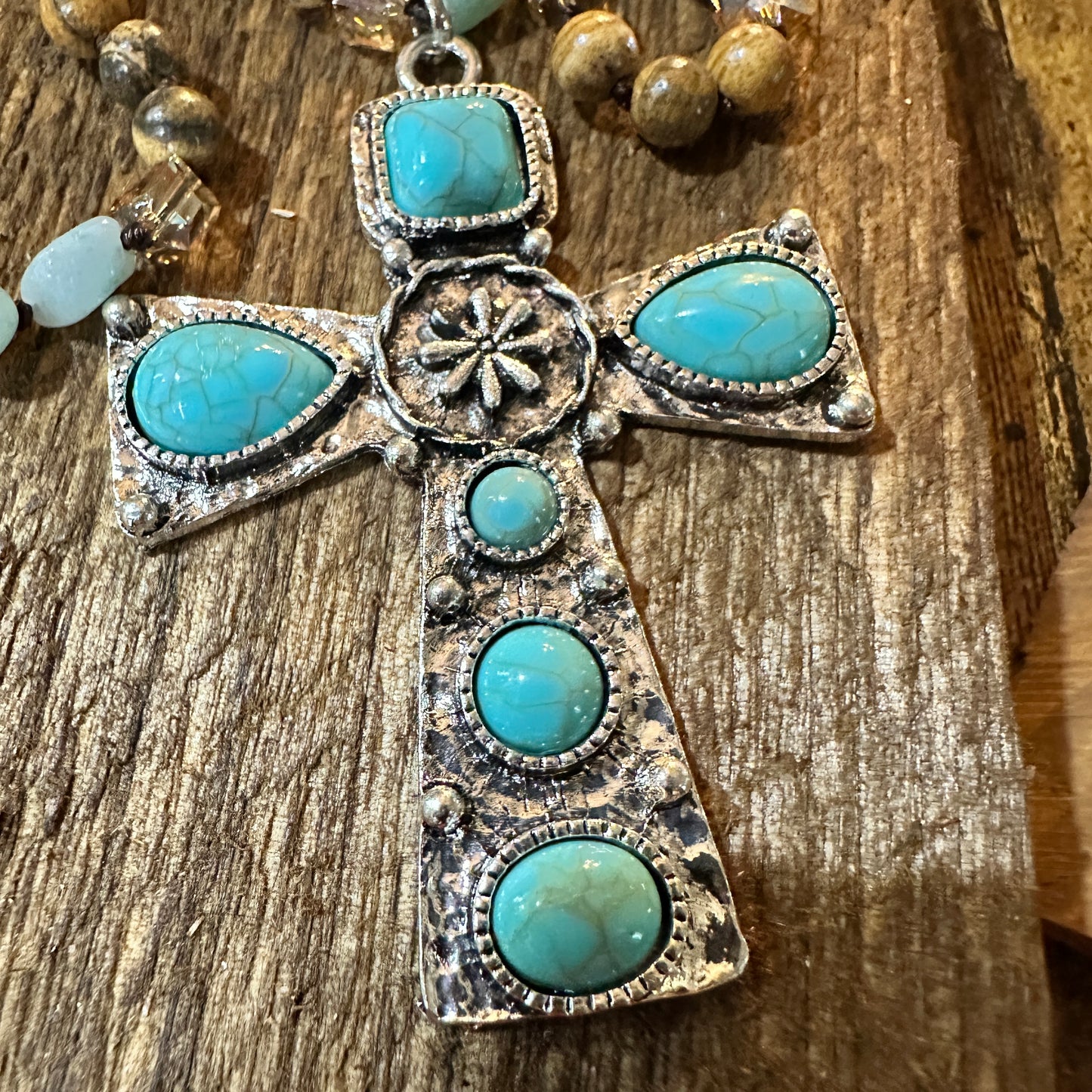 Beaded Turquoise Cross Necklace With Mixed Metals 32 Inch Long