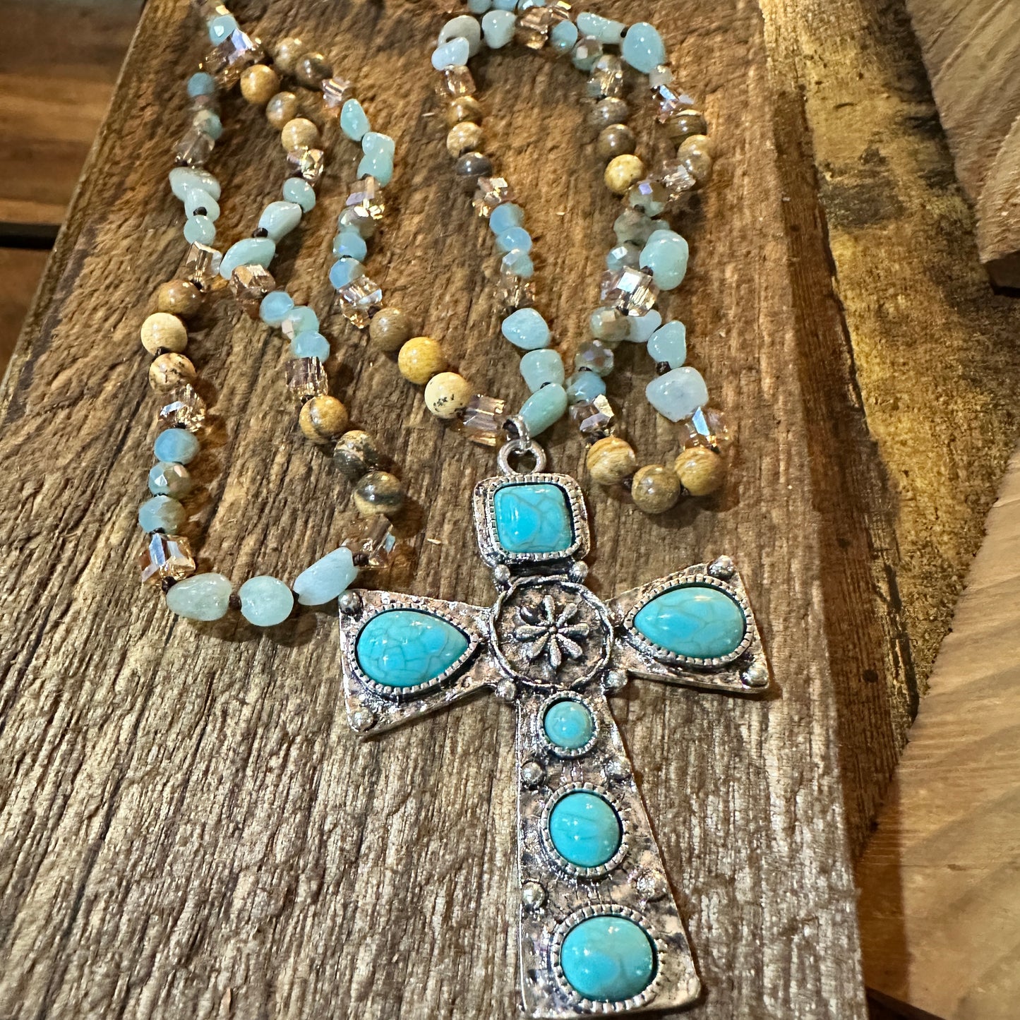 Beaded Turquoise Cross Necklace With Mixed Metals 32 Inch Long