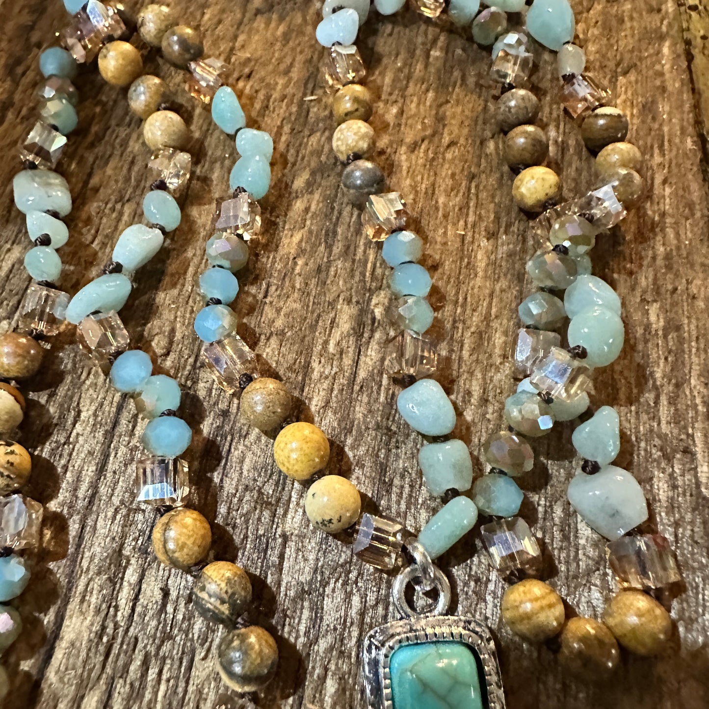 Beaded Turquoise Cross Necklace With Mixed Metals 32 Inch Long