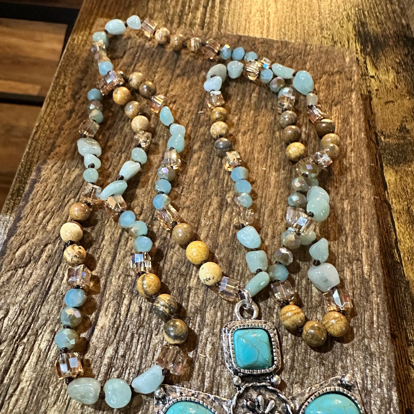 Beaded Turquoise Cross Necklace With Mixed Metals 32 Inch Long