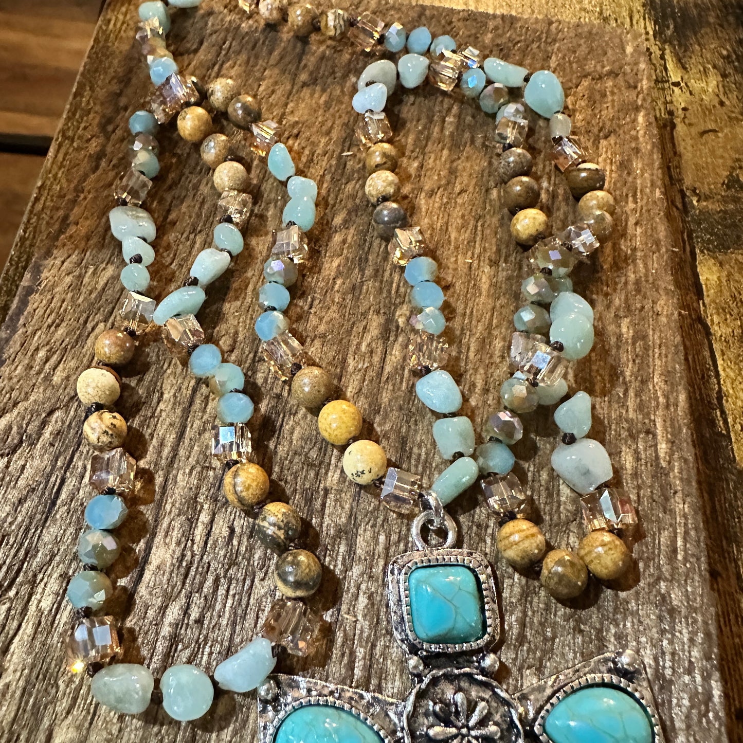 Beaded Turquoise Cross Necklace With Mixed Metals 32 Inch Long