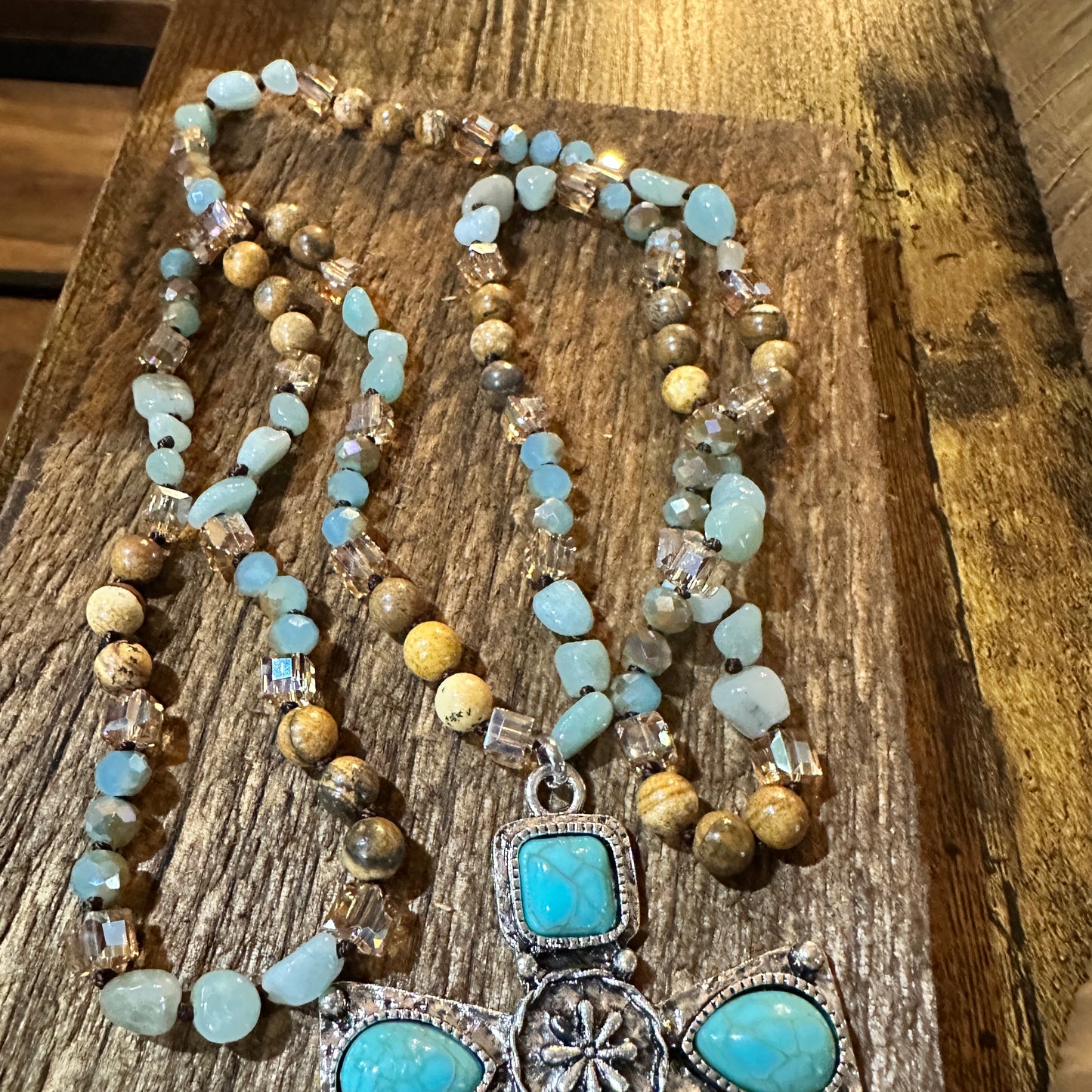 Beaded Turquoise Cross Necklace With Mixed Metals 32 Inch Long