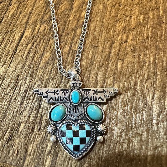 Boho Handcrafted Turquoise Thunderbird Necklace, Checkered Western Design