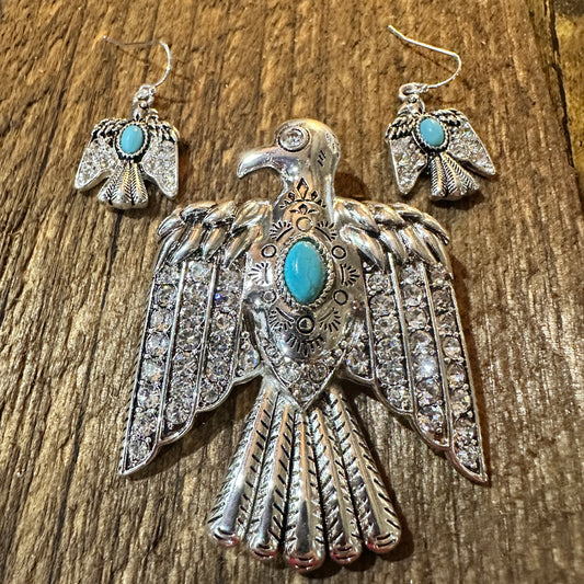 Boho Thunderbird Majesty: Turquoise & Silver Pendant of Strength/Earrings, Goft Box