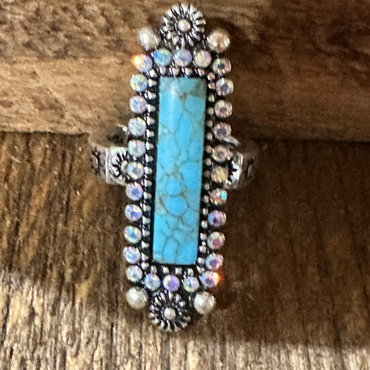 Boho Native American Turquoise Statement Stretch Ring, Adjustable, Gift Box