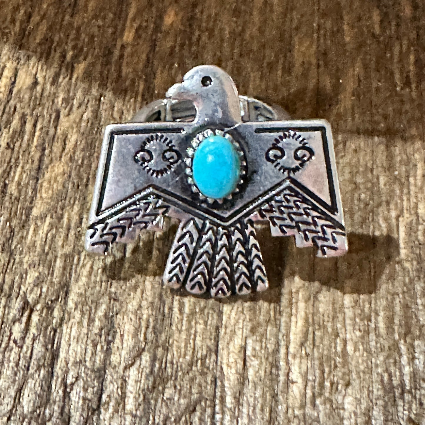 Boho Native American Thunderbird Turquoise Stretch Ring, Gift Box