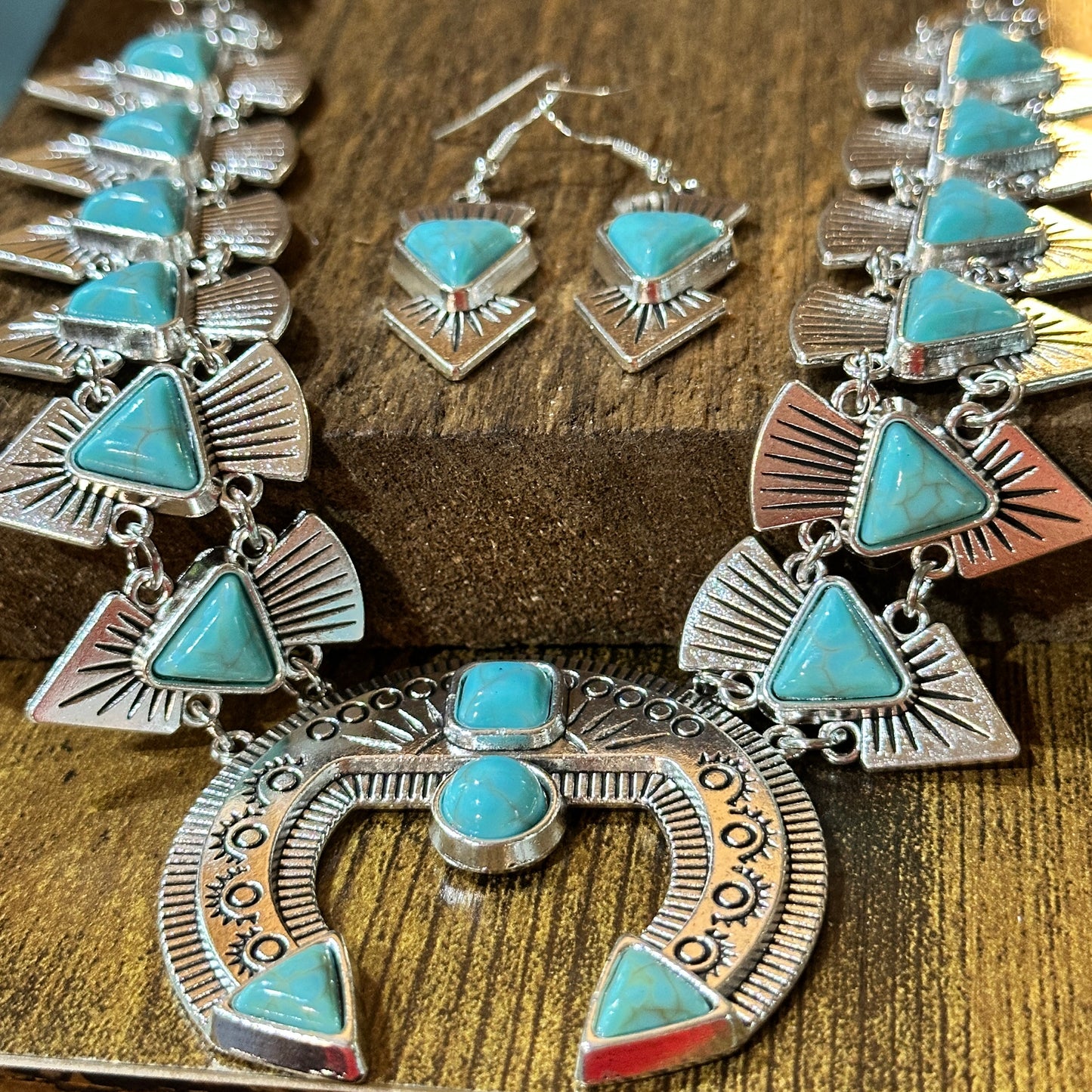 Squash Faux Turquoise Necklace and Earrings Set in Mixed Metals