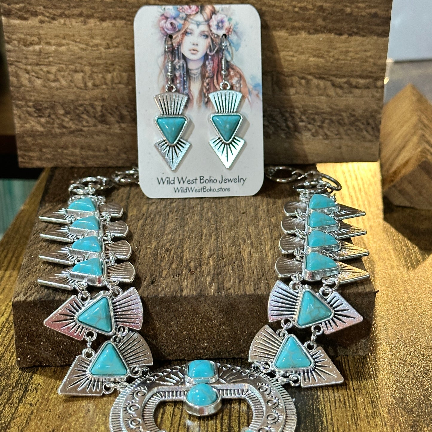 Squash Faux Turquoise Necklace and Earrings Set in Mixed Metals