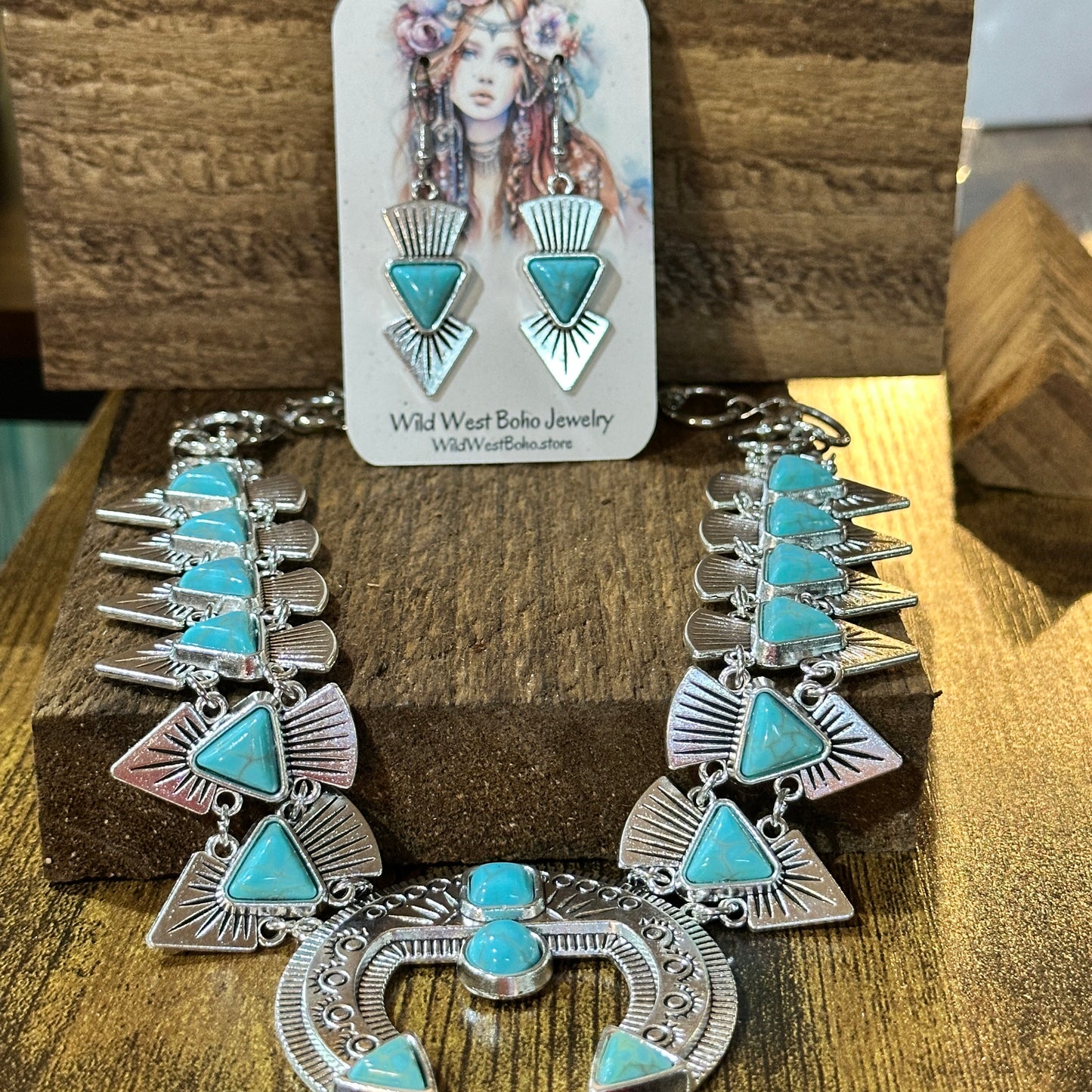 Squash Faux Turquoise Necklace and Earrings Set in Mixed Metals