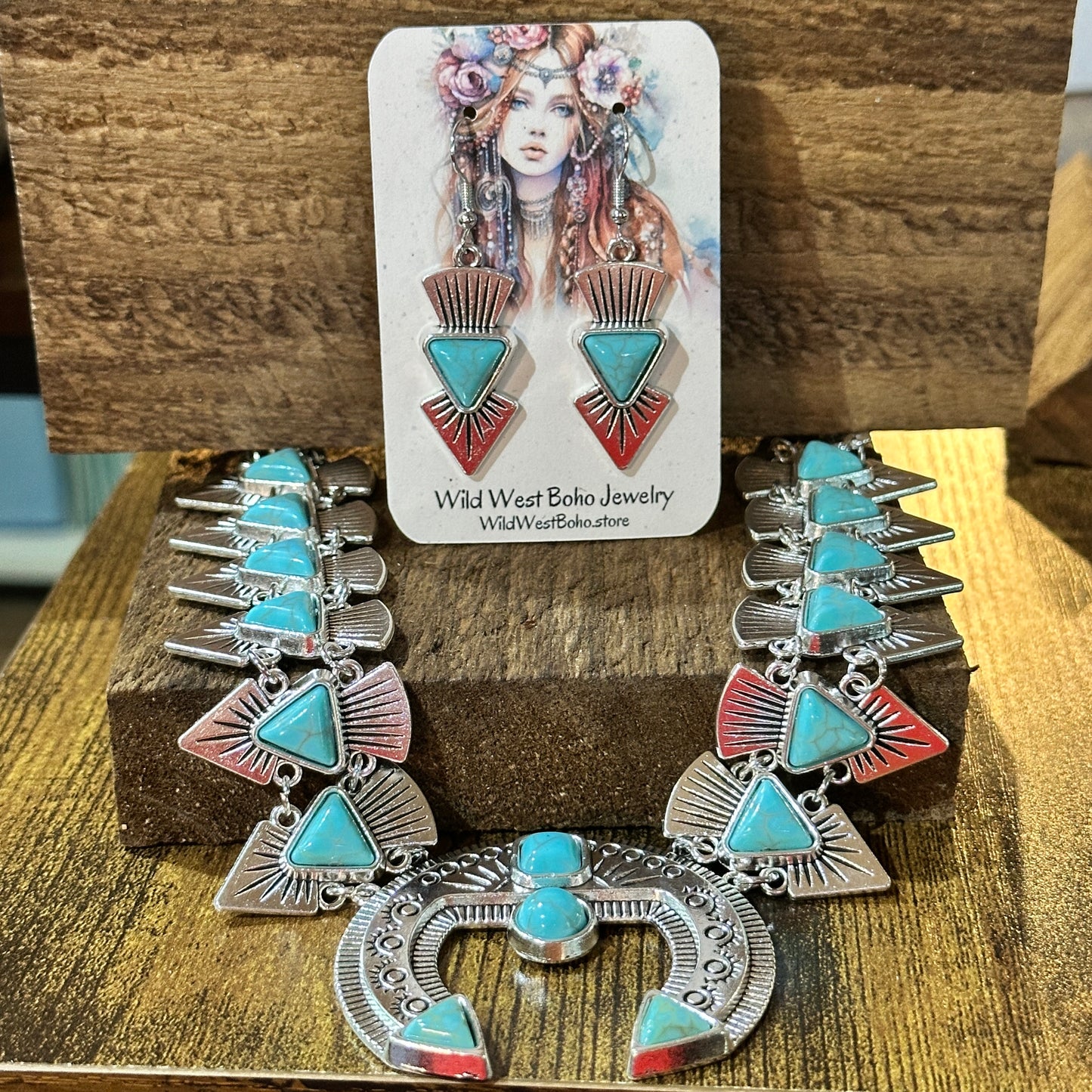 Squash Faux Turquoise Necklace and Earrings Set in Mixed Metals