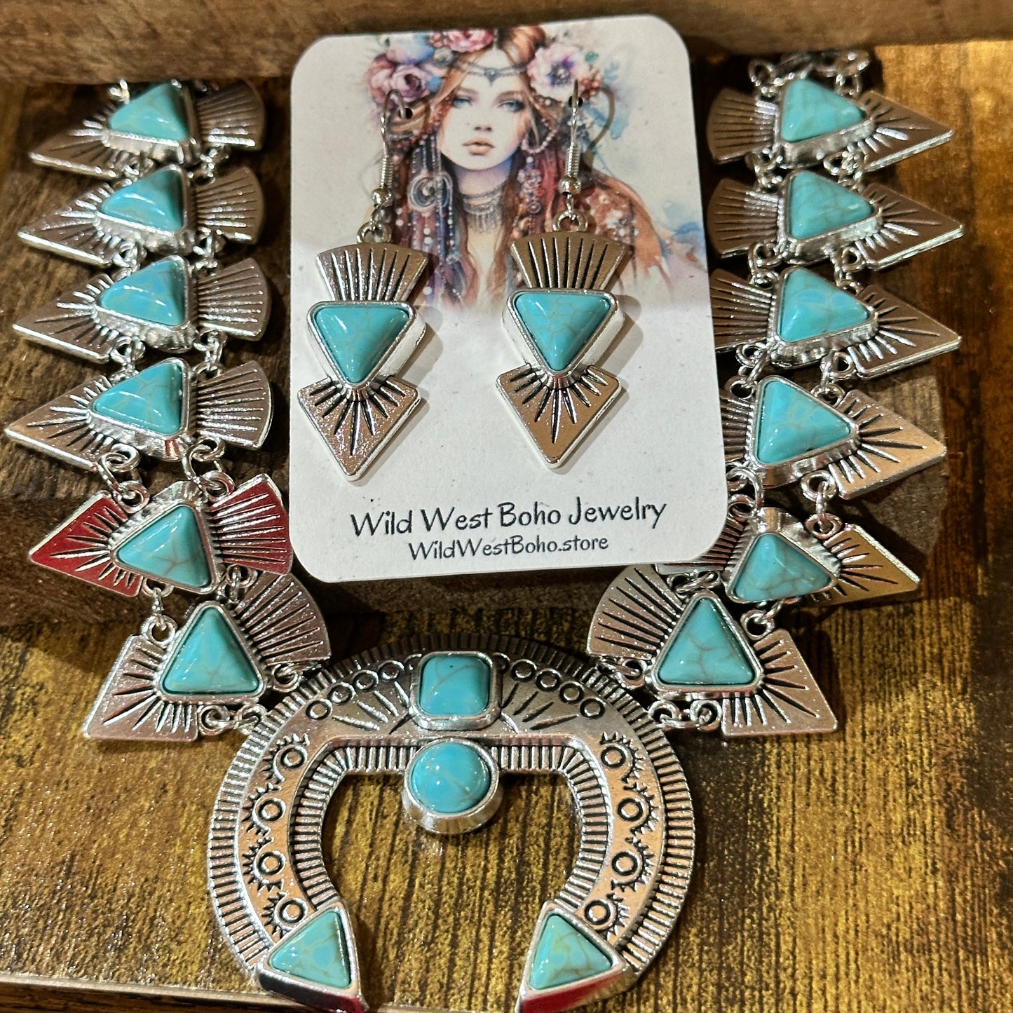 Squash Faux Turquoise Necklace and Earrings Set in Mixed Metals