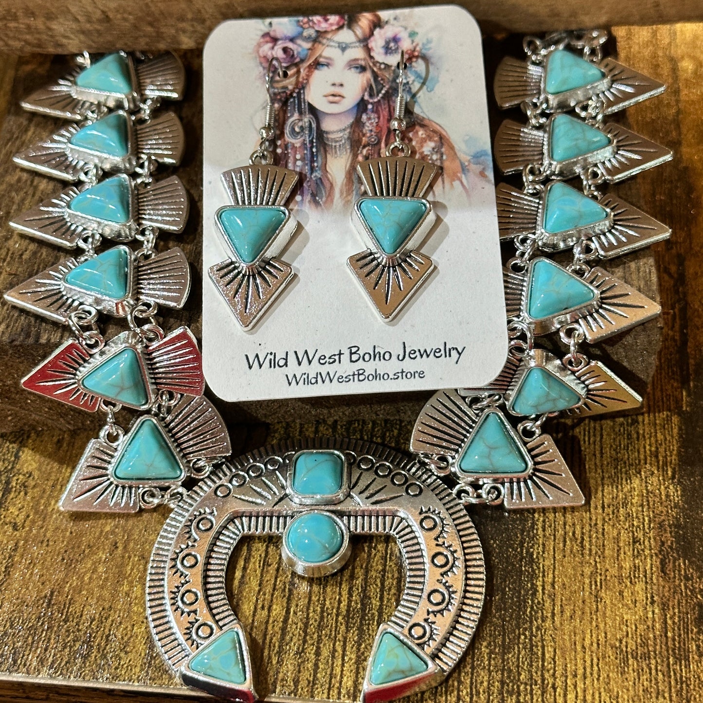 Squash Faux Turquoise Necklace and Earrings Set in Mixed Metals