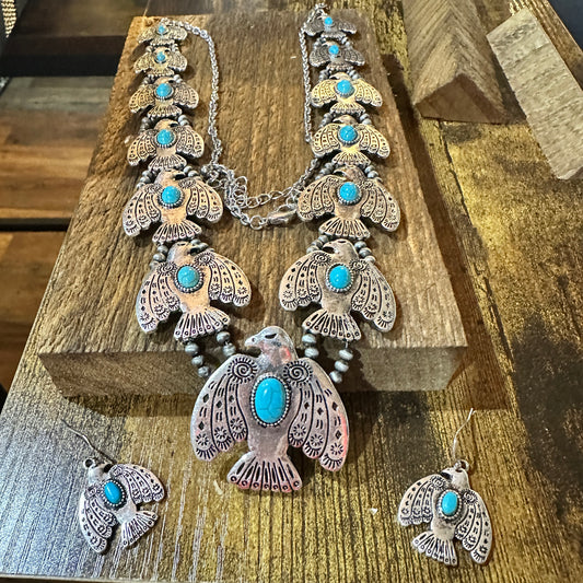 Boho Native American Turquoise Thunderbirds Charm Jewelry Set, Gift Box
