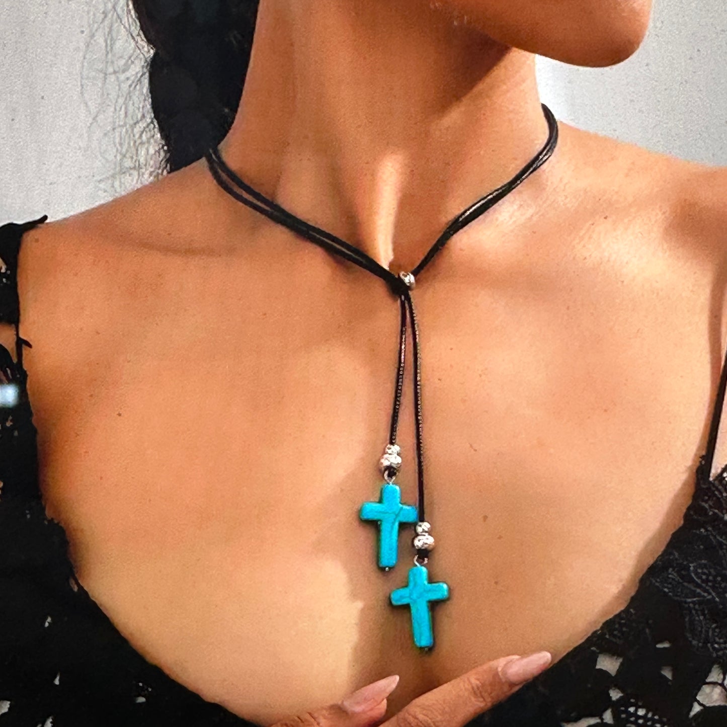 Black Cord Faux Turquoise Cross Choker Necklace And Earrings Set