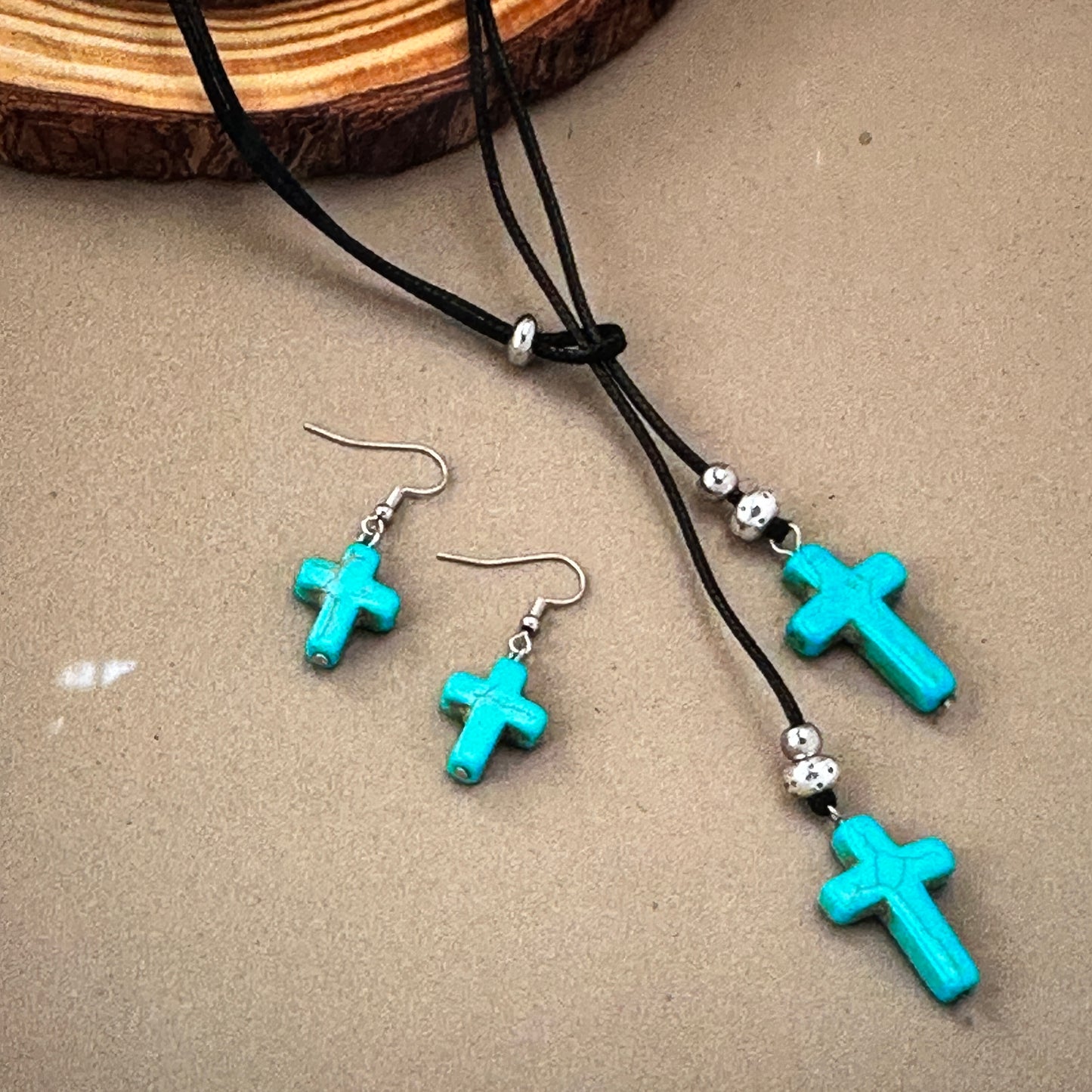 Black Cord Faux Turquoise Cross Choker Necklace And Earrings Set