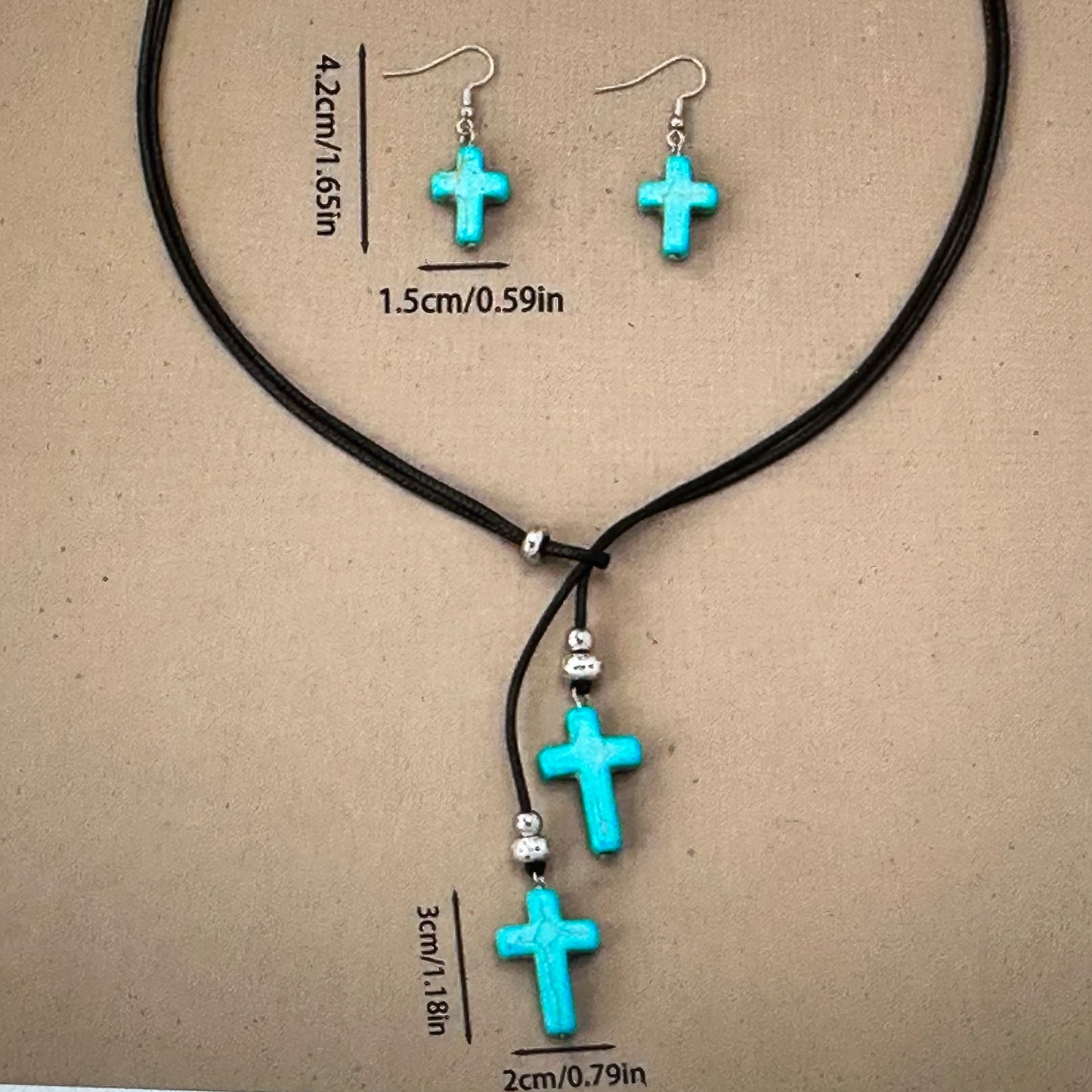 Black Cord Faux Turquoise Cross Choker Necklace And Earrings Set