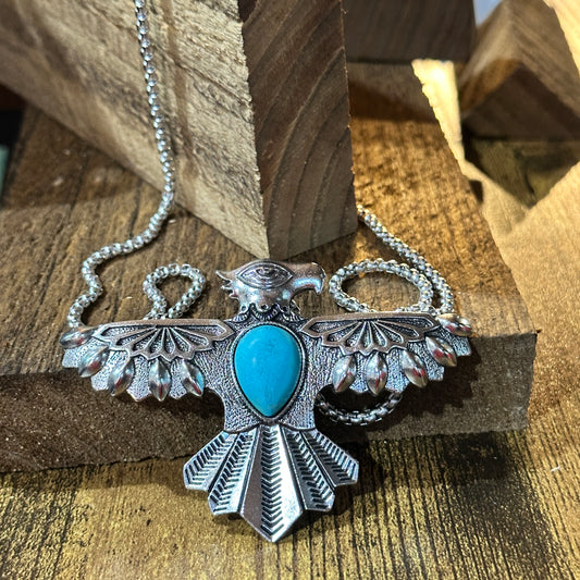 Navajo Style Thunderbird Turquoise Chain Necklace Mixed Metals 26 Inch