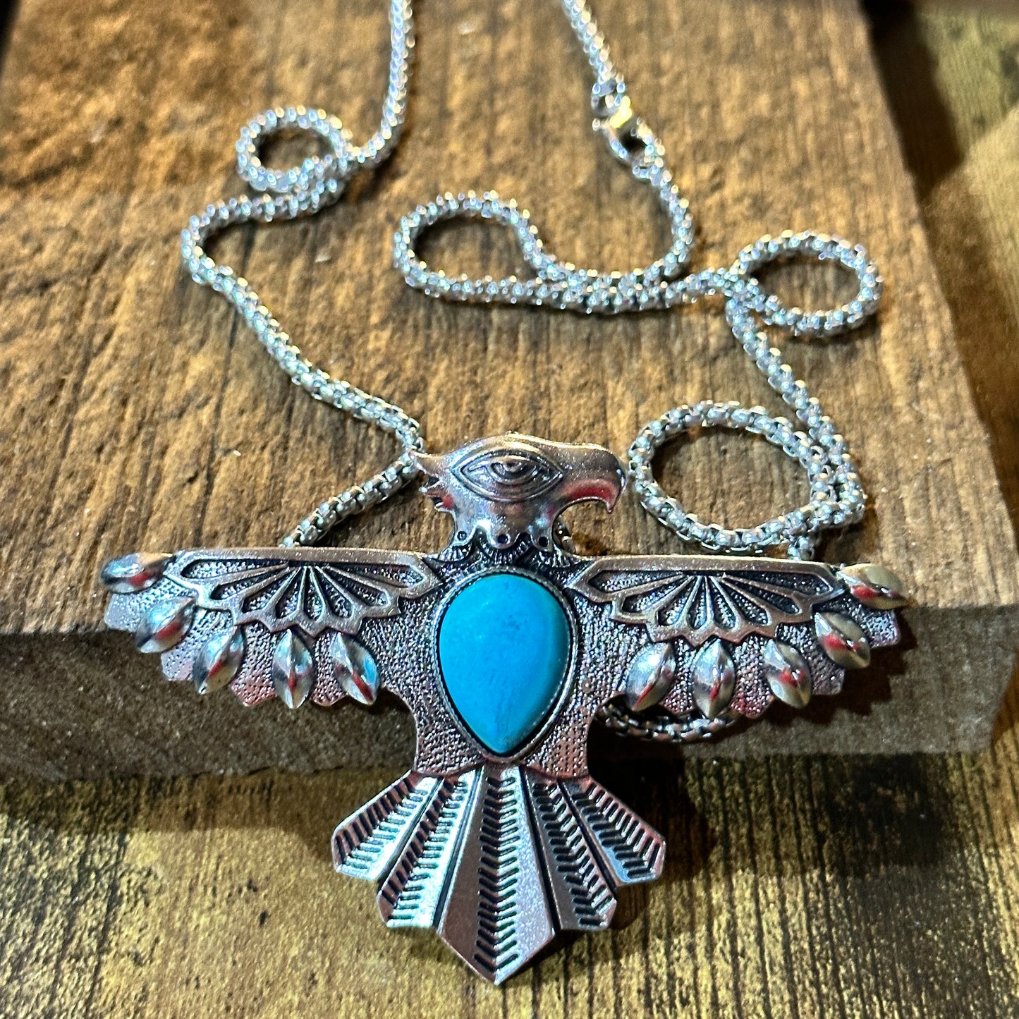 Navajo Style Thunderbird Turquoise Chain Necklace Mixed Metals 26 Inch