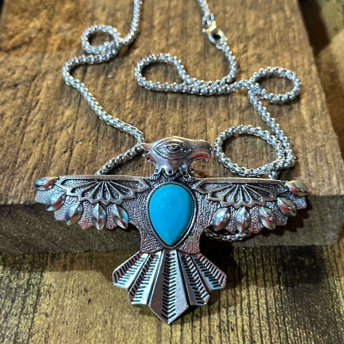 Navajo Style Thunderbird Turquoise Chain Necklace Mixed Metals 26 Inch