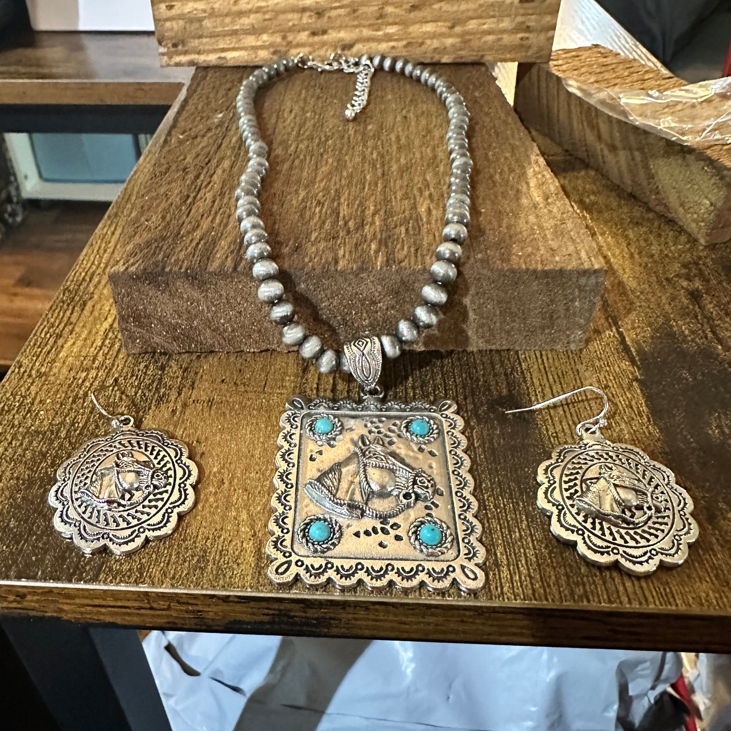 Estuarian Faux Silver Pearl Necklace And Horse Pendant Earrings Gift Set