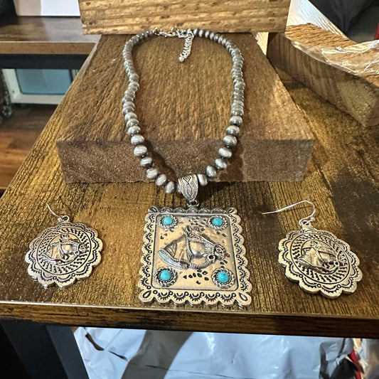 Estuarian Faux Silver Pearl Necklace And Horse Pendant Earrings Gift Set