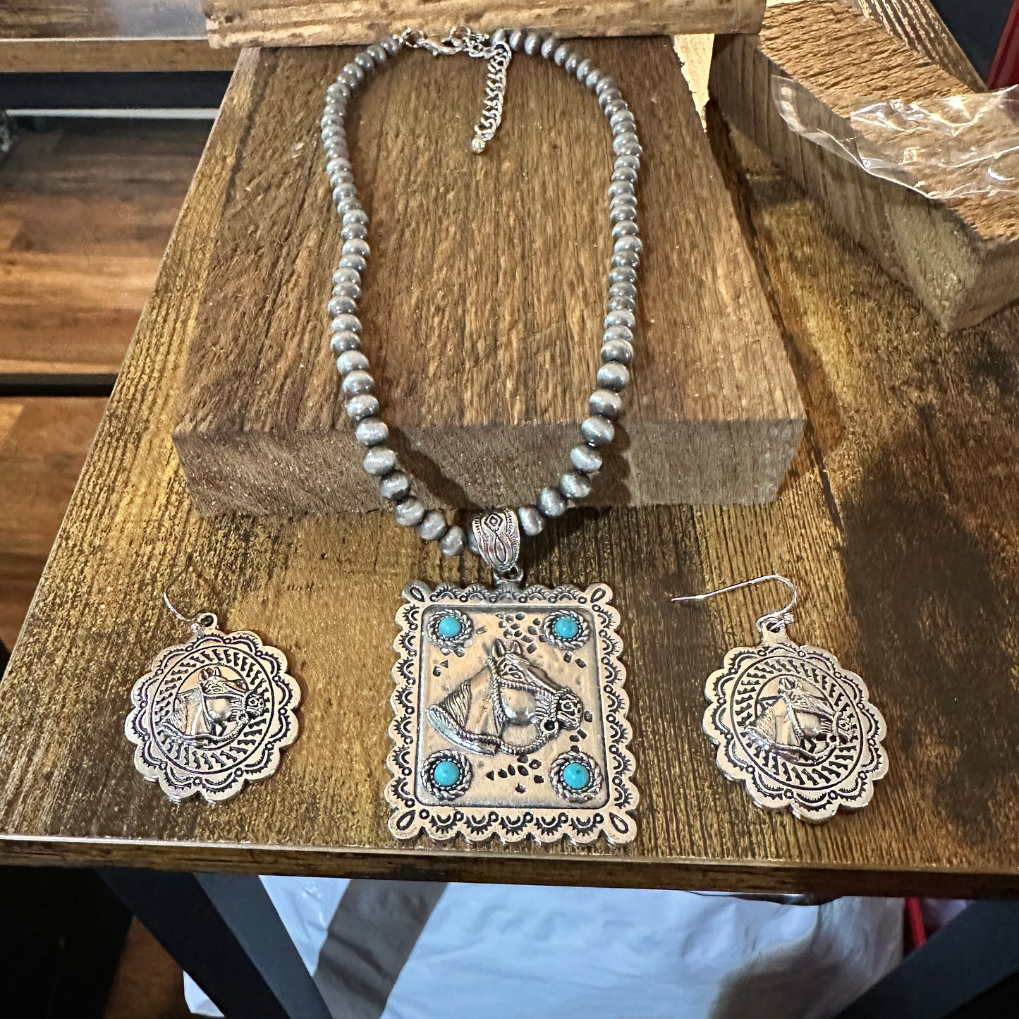 Estuarian Faux Silver Pearl Necklace And Horse Pendant Earrings Gift Set