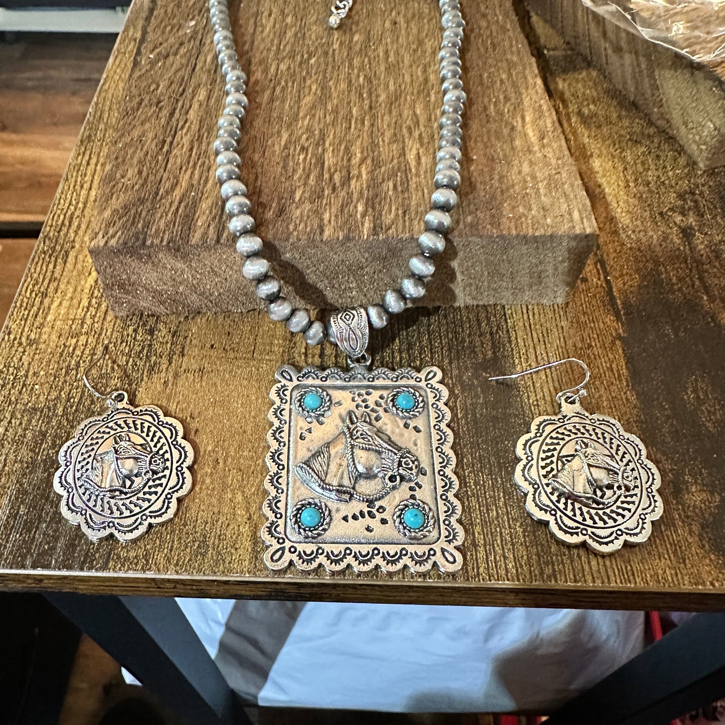 Estuarian Faux Silver Pearl Necklace And Horse Pendant Earrings Gift Set