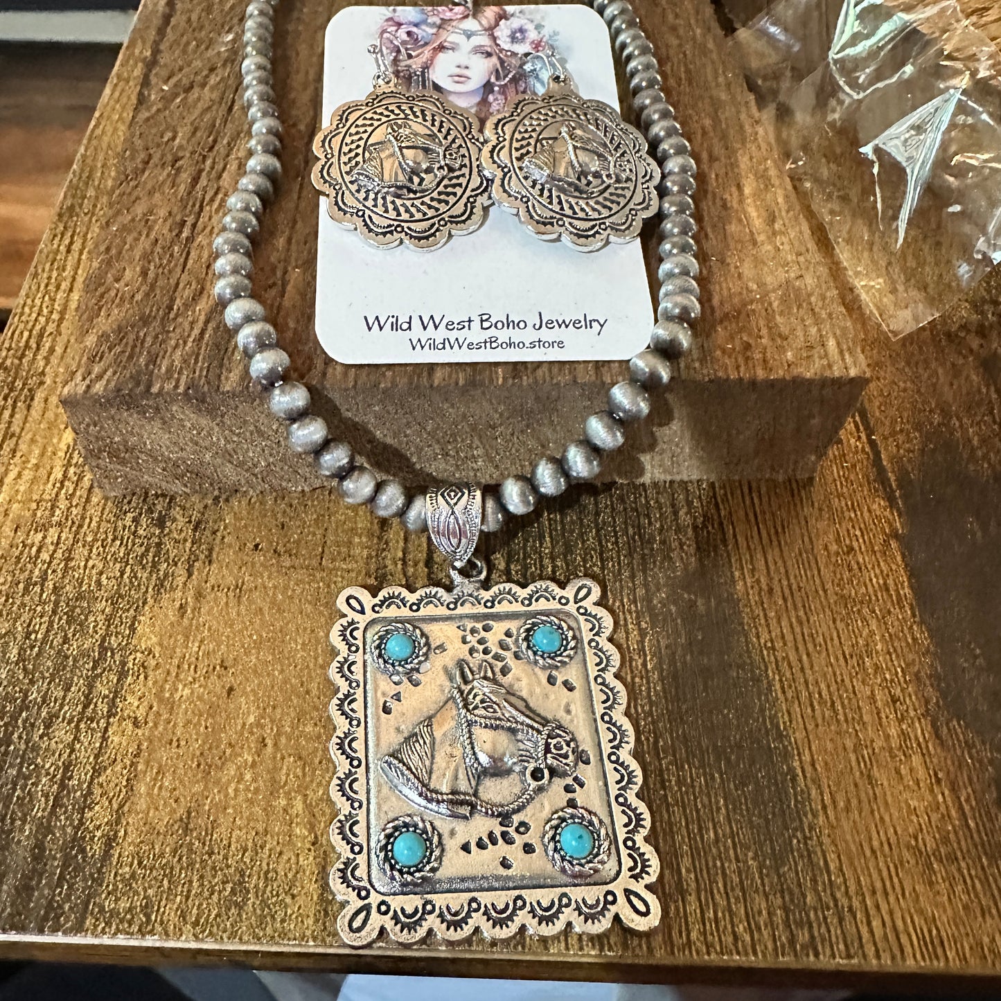 Estuarian Faux Silver Pearl Necklace And Horse Pendant Earrings Gift Set