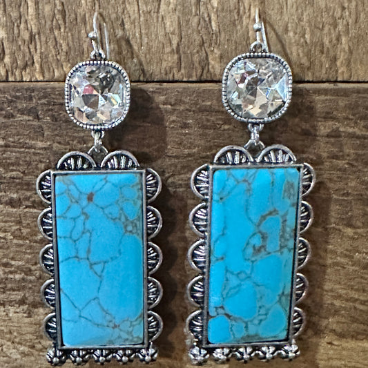 Boho Turquoise Elegance: Crystal-Studded Rectangle Earrings, Gift Box