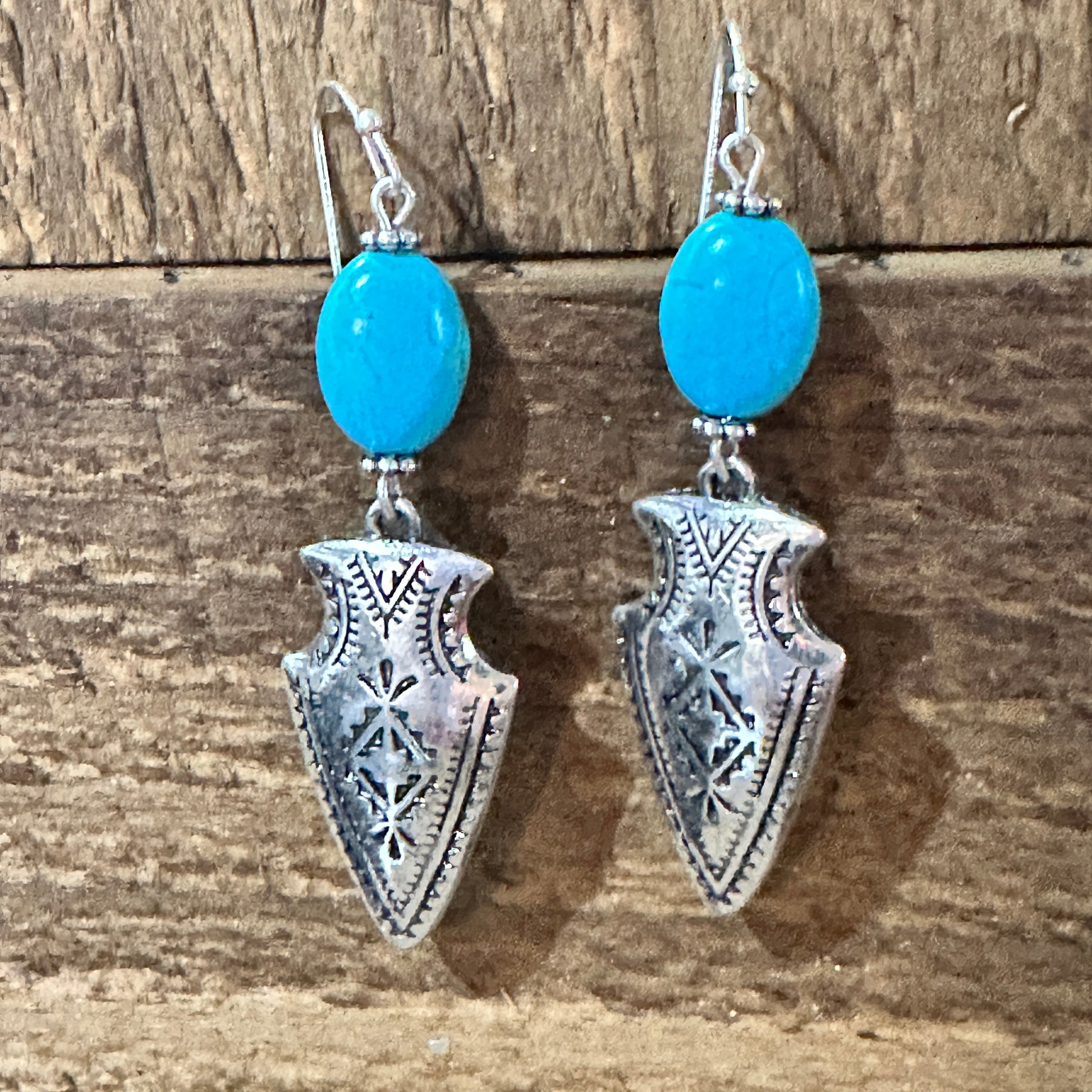 Handcrafted Boho Chic Native American Turquoise Silver Arrow Dangle Earrings Gift Box, perfect for unique style.