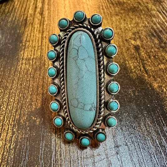 Boho Chic Turquoise Dream: Elegant Long Cabochon Stretch Ring, Gift Box