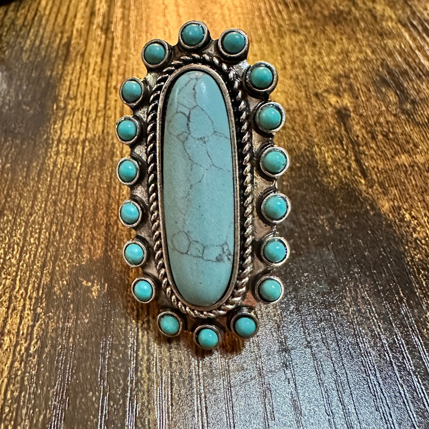 Boho Chic Turquoise Dream: Elegant Long Cabochon Stretch Ring, Gift Box