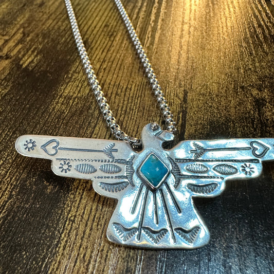 Native American Handcrafted Thunderbird Turquoise and Silver Pendant Necklace, Gift Box