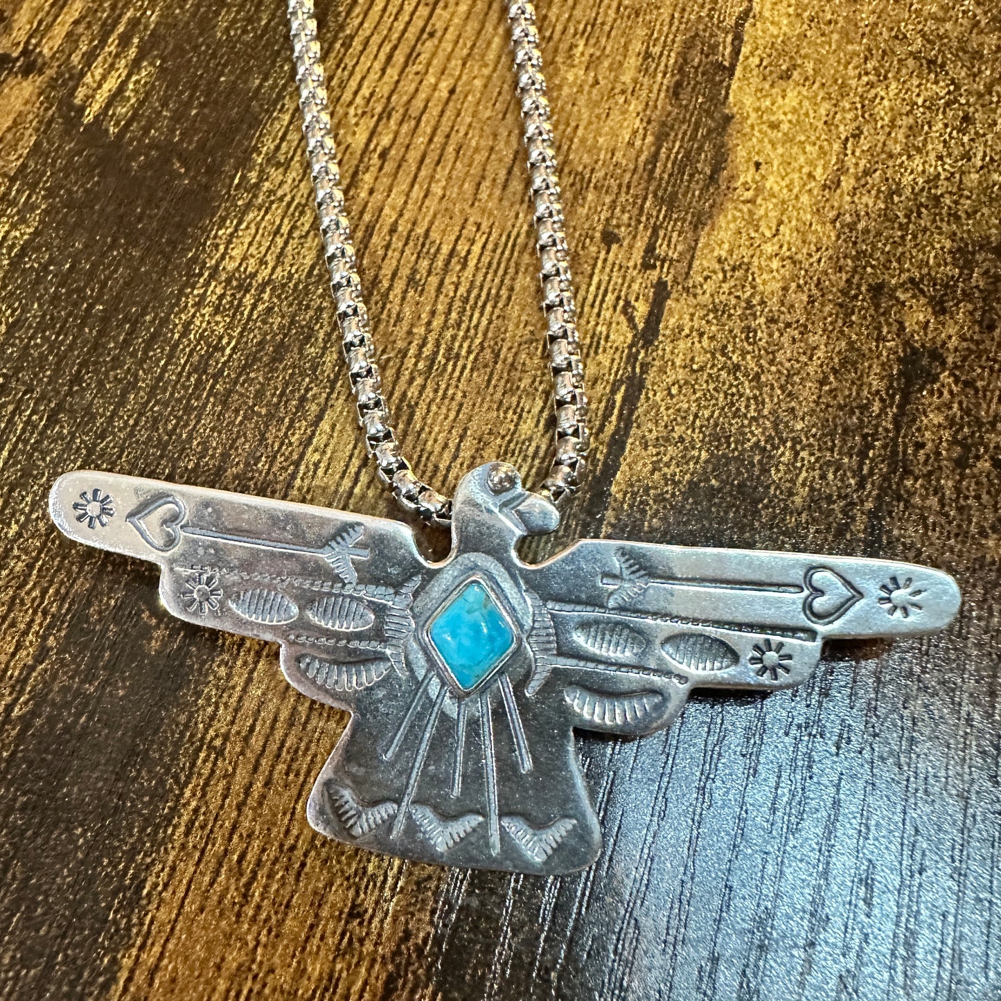 Native American Handcrafted Thunderbird Turquoise and Silver Pendant Necklace, Gift Box