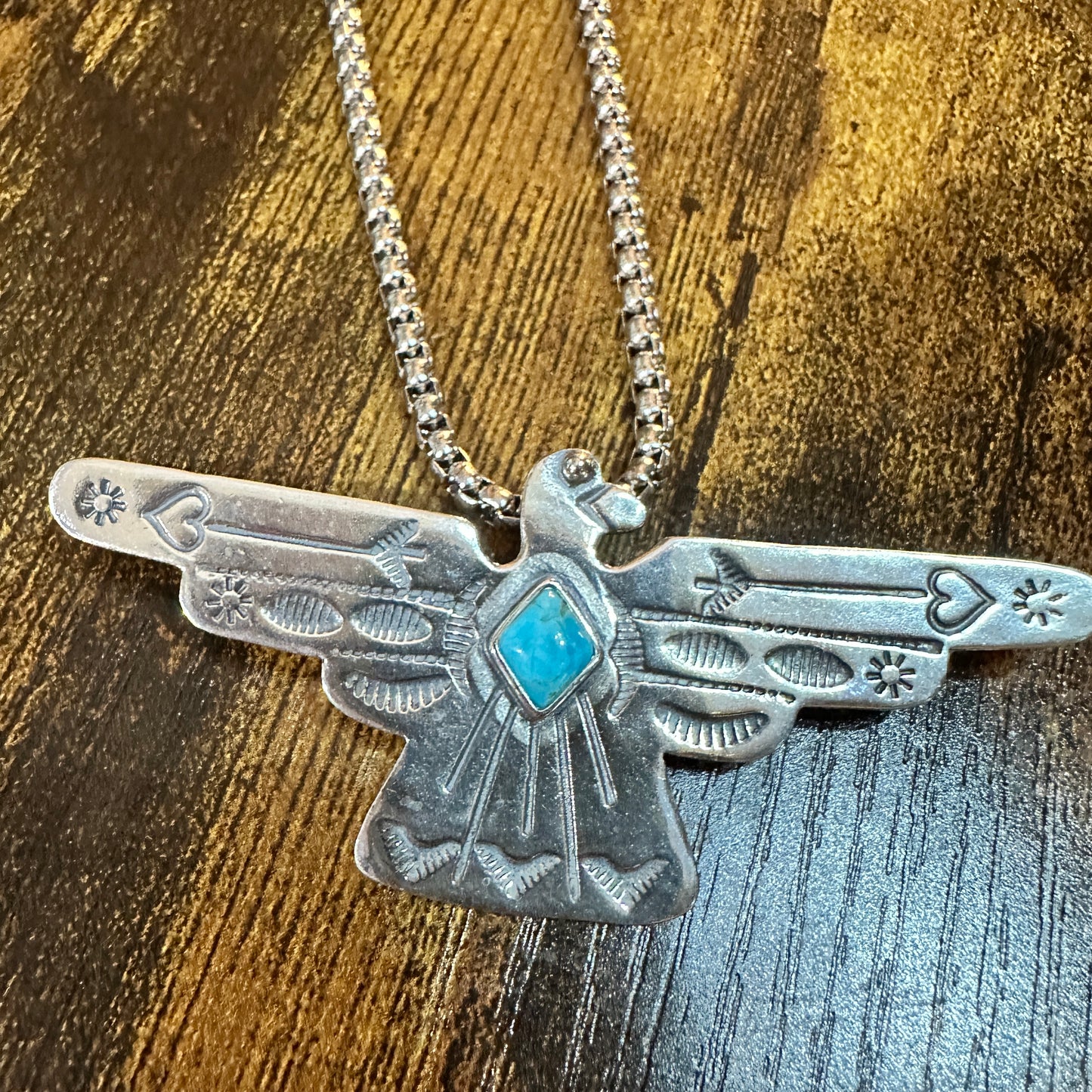 Native American Handcrafted Thunderbird Turquoise and Silver Pendant Necklace, Gift Box