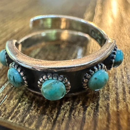 Boho Native American Turquoise Elegance  Adjustable Sterling Silver Ring Band, Gift Box