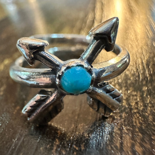 Boho Native American Friendship Arrow Adjustable Sterling Silver Turquoise Ring, Gift Box