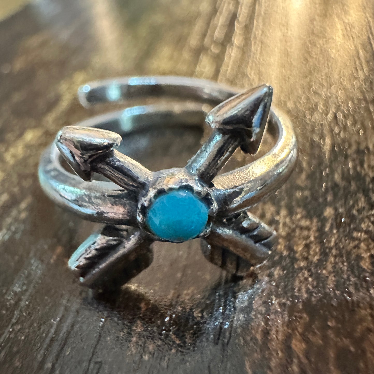 Boho Native American Friendship Arrow Adjustable Sterling Silver Turquoise Ring, Gift Box