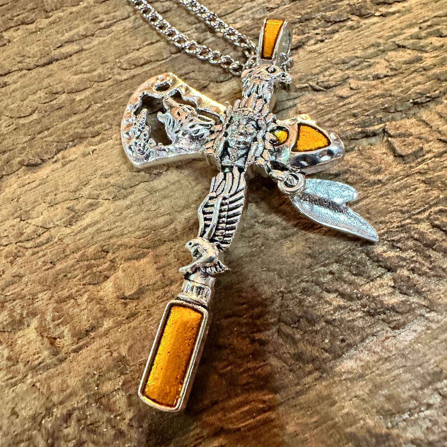 Navajo Style Indian Eagle Necklace With Mixed Metals On Adjustable 18 Inch Chain