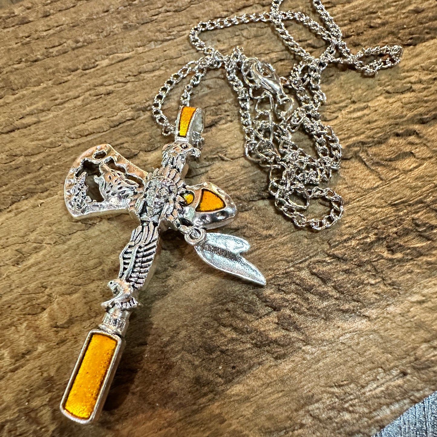 Navajo Style Indian Eagle Necklace With Mixed Metals On Adjustable 18 Inch Chain