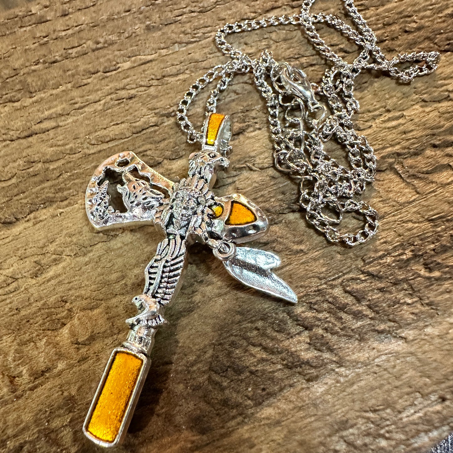 Navajo Style Indian Eagle Necklace With Mixed Metals On Adjustable 18 Inch Chain