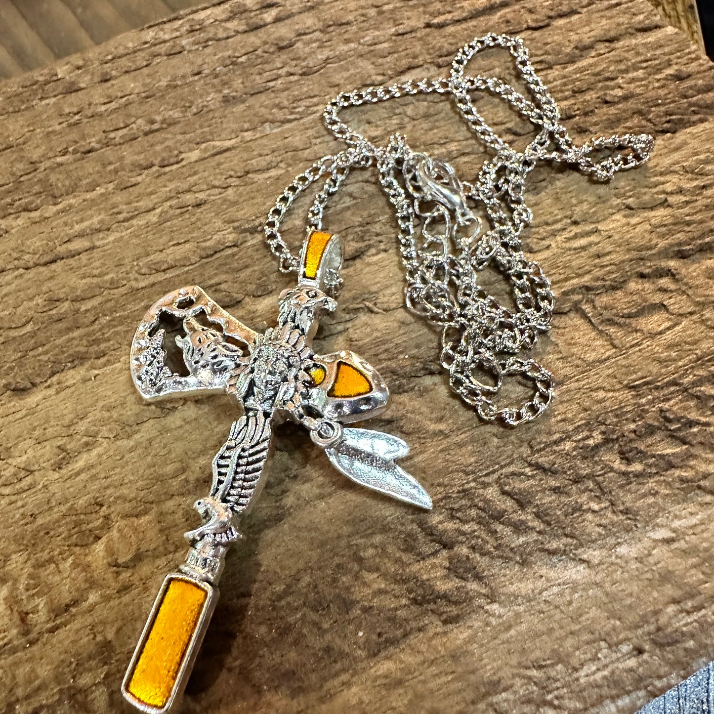 Navajo Style Indian Eagle Necklace With Mixed Metals On Adjustable 18 Inch Chain