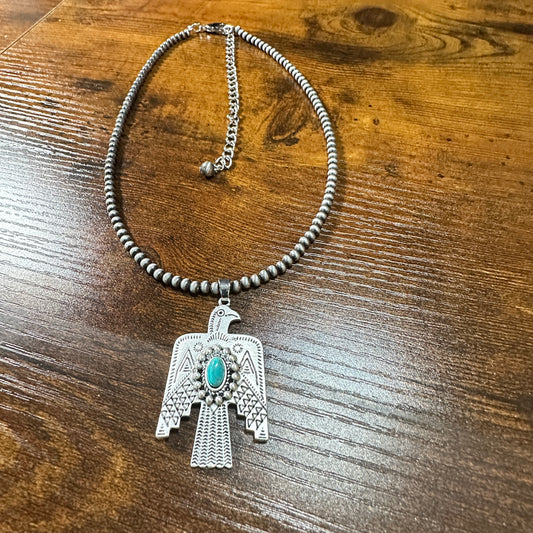 Navajo Style Thunderbird Turquoise 4mm Beaded Silver Tone Pendant Necklace